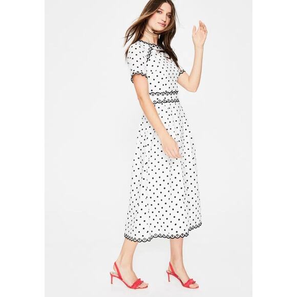 BODEN Kimberly Navy White Polka Dot Embroidered Scallop Trim Midi Dress Sz 6R - Picture 2 of 14